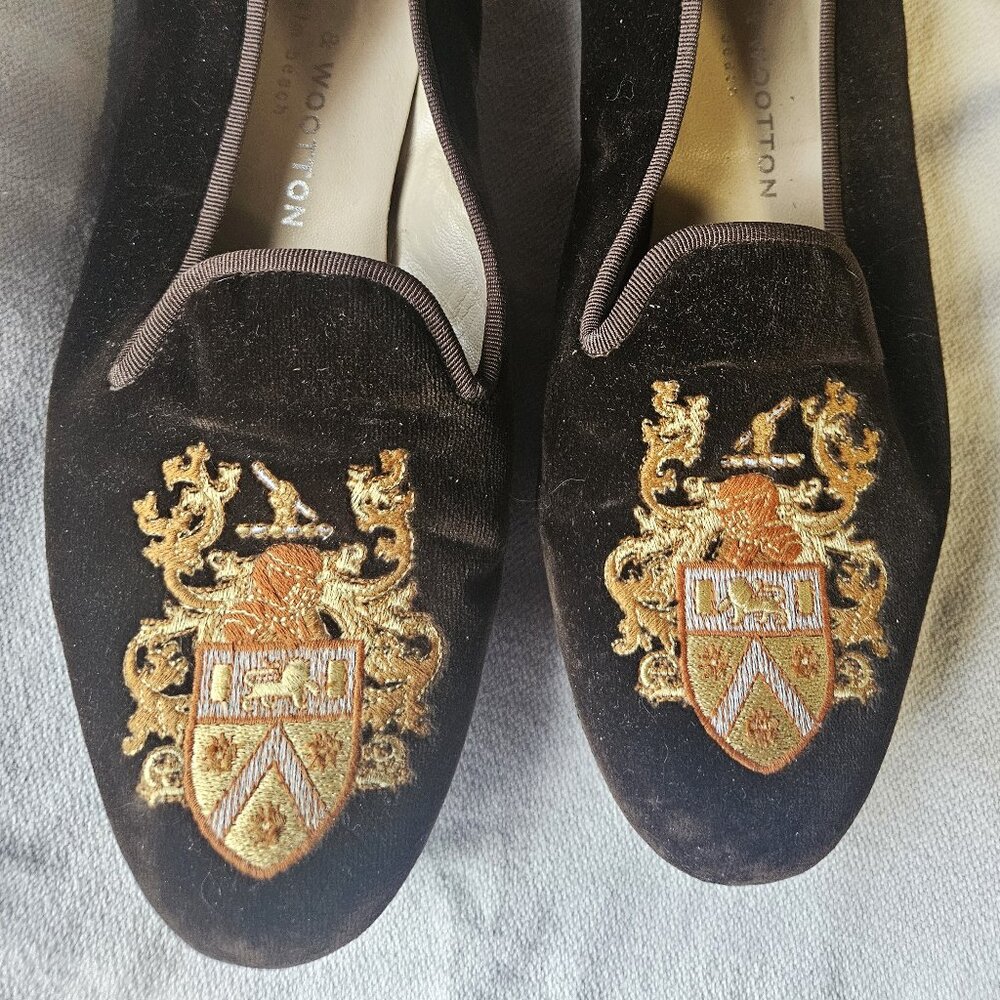 Stubbs & Wootton brown velvet heraldic gold embroidery crest loafers slippers 8